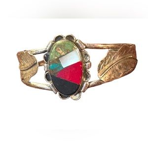 Old Pawn  silver hand made Gemstones inlay southwestern leaf cuff bracelet